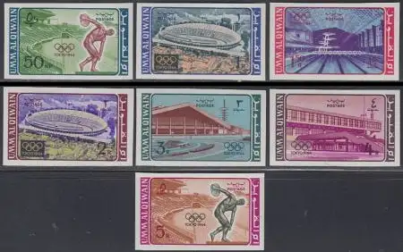 Umm al-Kaiwain Mi.Nr. 19-25B Olympia 1964 Tokio, Sportstätten (7 Werte)