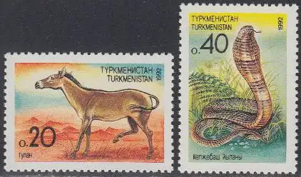 Turkmenistan Mi.Nr. 2-3 Fauna, Kulan (Esel) und Königskobra (2 Werte)