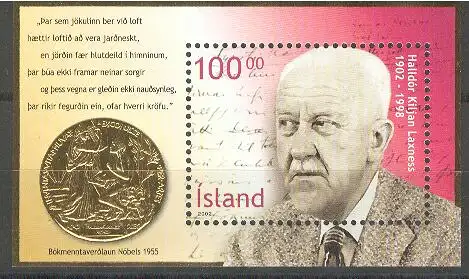 Island Mi.Nr. Block 30 I, 100. Geburtstag von Halldor Kiljan Laxness,Goldprägung