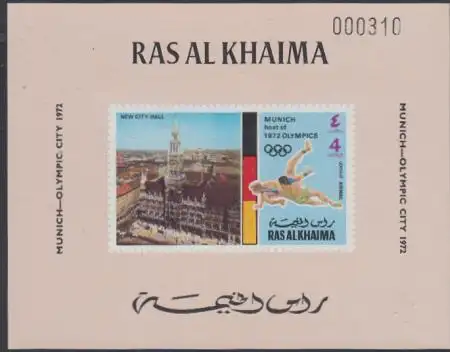 Ras al Khaima Mi.Nr. 729B(Block rosa) Olympia 1972 München, Rathaus Marienplatz 