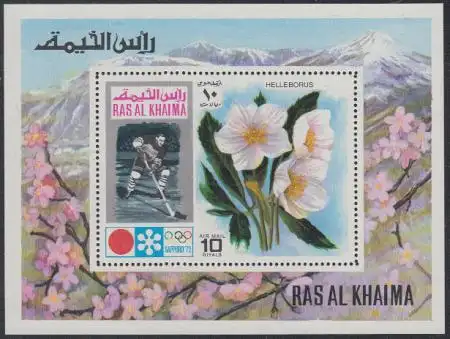 Ras al Khaima Mi.Nr. Block 110A Olympia 1972 Sapporo, Eishockey, Schneerose