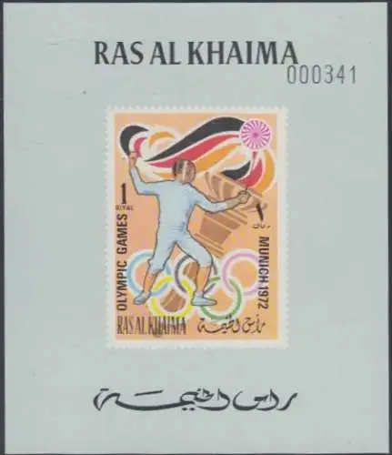 Ras al Khaima Mi.Nr. 650B(Block graugrün) Olympia 1972 München, Fechten (1)