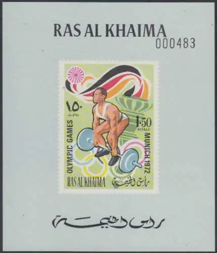 Ras al Khaima Mi.Nr. 651B(Block graugrün) Olympia 1972 München, Gewichth. (1,50)