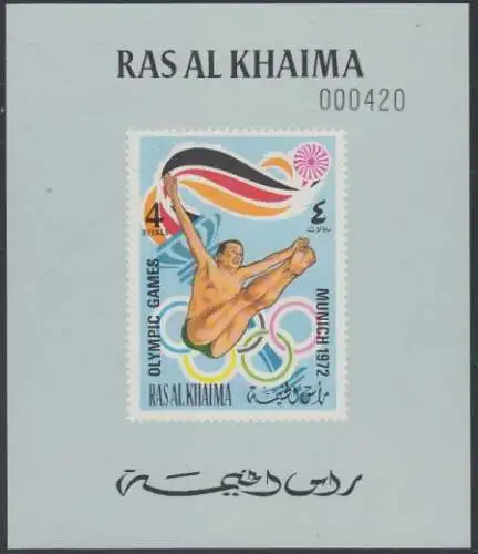 Ras al Khaima Mi.Nr. 654B(Block graugrün) Olympia 1972 München, Turmspringen (4)