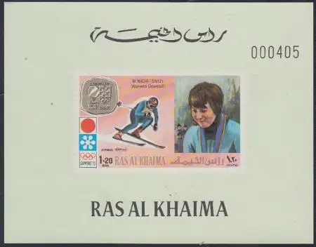 Ras al Khaima Mi.Nr. 735B(Block grün) Olympia 1972 Sapporo Siegerin Nadig (1,20)