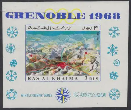 Ras al Khaima Mi.Nr. Block 39 Olympia 1968 Grenoble, Reliefkarte v.Umgebung