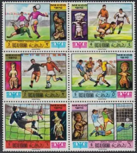 Ras al Khaima Mi.Nr. 354-59A Fußball-WM 1970, Spielszenen, gez. (Sechserblock)