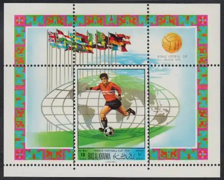 Ras al Khaima Mi.Nr. Block 79A Fußball-WM 1970, Spieler, Globus, gez.