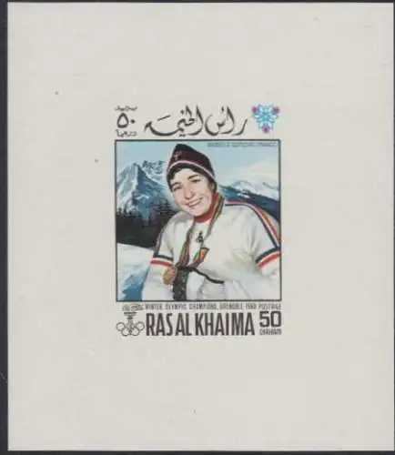 Ras al Khaima Mi.Nr. 253B(Block weiß) Olympia 1968 Grenoble, Marielle Goitschel 