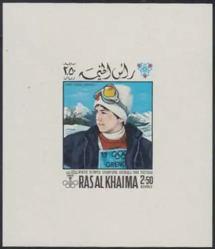 Ras al Khaima Mi.Nr. 257B(Block weiß) Olympia 1968 Grenoble, Nancy Greene (2,50)