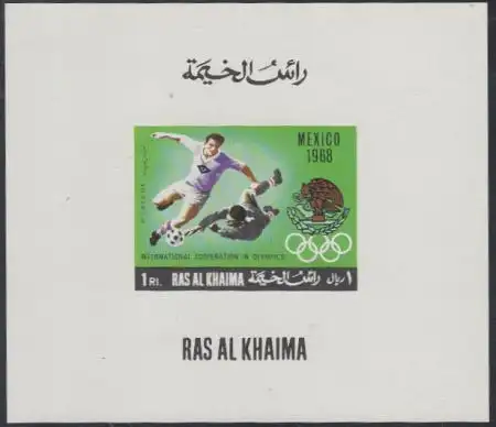 Ras al Khaima Mi.Nr. 312B(Block weiß) Zusammenarb.f.Oly.Spiele, Fußball Mexiko