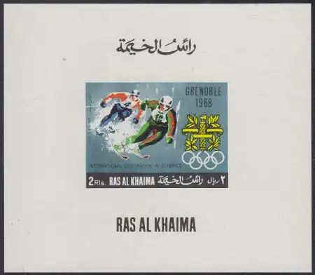 Ras al Khaima Mi.Nr. 313B(Block weiß) Zusammenarb.f.Oly.Spiele, Ski alpin, 1968