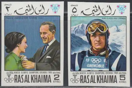 Ras al Khaima Mi.Nr. 345-46B Olympia 1968 Grenoble, Sieger Fleming+Killy (2 W.)