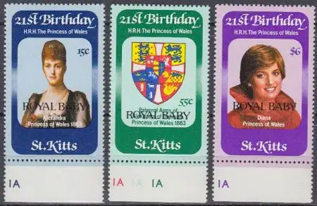 St. Kitts Mi.Nr. 87-89 Geb. Prinz William, MiNr.84-86 m.Aufdr. ROYAL BABY (3 W.)