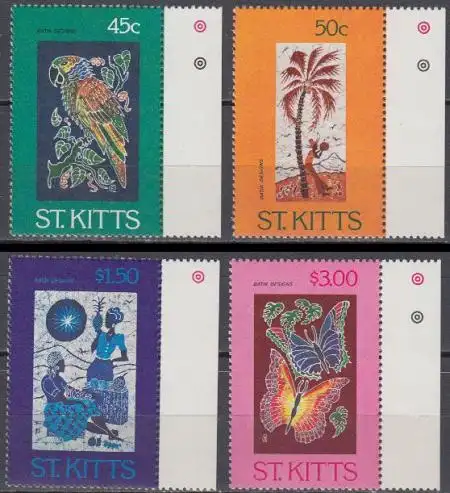 St. Kitts Mi.Nr. 126-29 Batik, u.a. Papagei, Schmetterlinge (4 Werte)