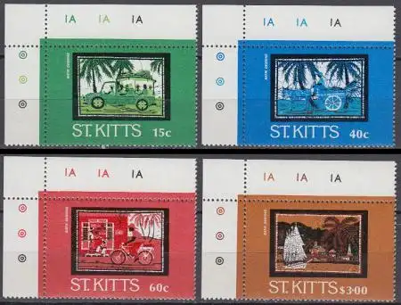 St. Kitts Mi.Nr. 156-59 Batik, Autobus, Eselkarren, Fahrrad, Segelschiff (4 W.)