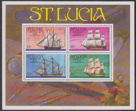 St. Lucia Mi.Nr. Block 8 200J. Unabhängigkeit der USA, Segelschiffe 