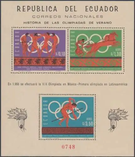 Ecuador Mi.Nr. Block 26A Olympia 68 Mexiko, Geschichte der Olymp. Spiele 