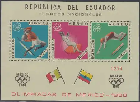 Ecuador Mi.Nr. Block 37A Olympia 68 Mexiko, Fußball, Fechten, Schwimmen 