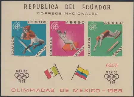 Ecuador Mi.Nr. Block 37B Olympia 68 Mexiko, Fußball, Fechten, Schwimmen 