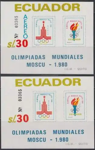 Ecuador Mi.Nr. Blocks 95+96 Olymp. Sommerspiele Moskau, Fackel + Emblem 