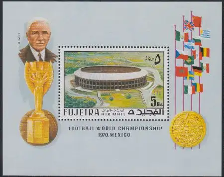 Fujeira Mi.Nr. Block 27A Fußball-WM 1970, Stadion, Flaggen, Pokal, gezähnt