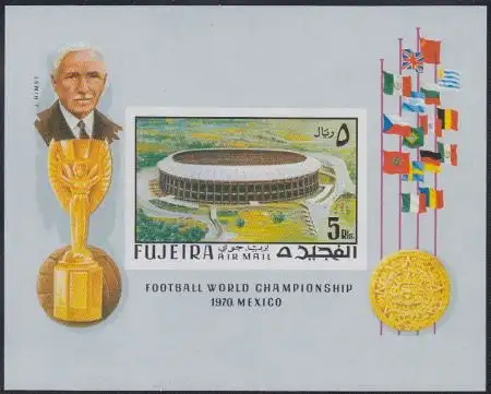 Fujeira Mi.Nr. Block 27B Fußball-WM 1970, Stadion, Flaggen, Pokal, ungezähnt