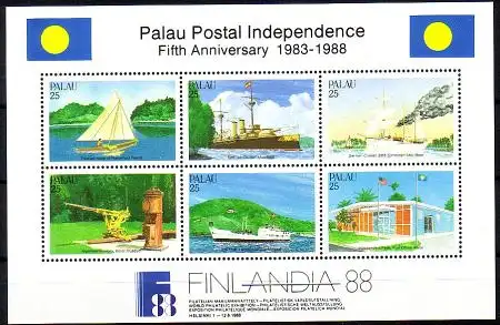 Palau Mi.Nr. Block 3 Postalische Unabhängigkeit + Finlandia 88, u.a. Schiffe