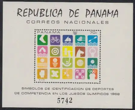 Panama Mi.Nr. Block 103 Olympiade 1968 Mexiko, Symbole olympischer Disziplinen 