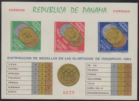 Panama Mi.Nr. Block 28B Olympiade 1964 Innsbruck, Medaillengewinner 