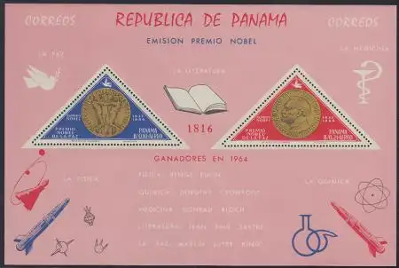 Panama Mi.Nr. Block 38 Nobelpreisträger 1964, Vorder- + Rückseite Nobelmedaille 