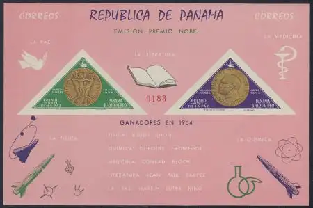 Panama Mi.Nr. Block 39 Nobelpreisträger 1964, Vorder- + Rückseite Nobelmedaille 