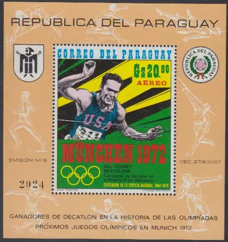 Paraguay Mi.Nr. Block 158 Olympia 1972 München, Zehnkampfsieger Mexiko 1968 