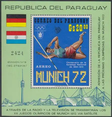 Paraguay Mi.Nr. Block 159 Olympia 1972 München, Zehnkampfsieger, Stabhochsprung 