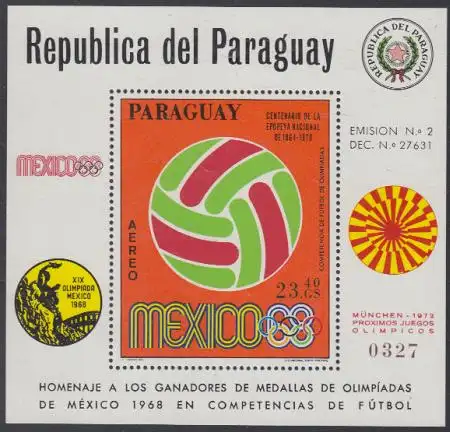 Paraguay Mi.Nr. Block 128 Olympia 1968 Mexiko, Fußball 