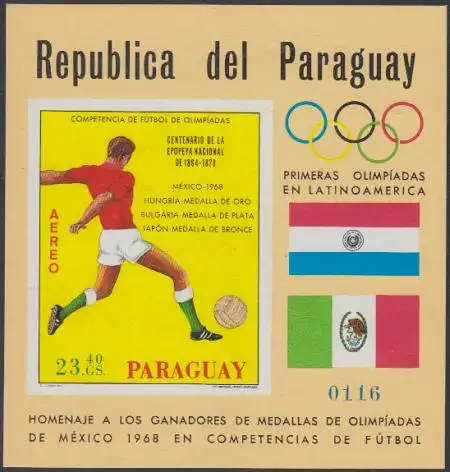 Paraguay Mi.Nr. Block 129 Olympia 1968 Mexiko, Medaillengewinner Fußball 