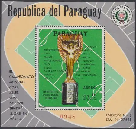 Paraguay Mi.Nr. Block 130 Fußballweltmeister, Jules-Rimet-Cup 