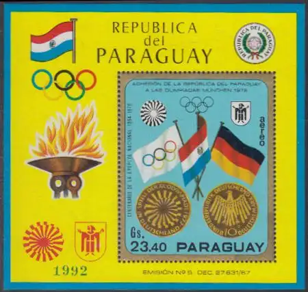 Paraguay Mi.Nr. Block 140 Olympia 1972 München, Flaggen und Münzen 