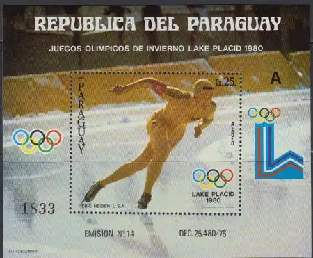 Paraguay Mi.Nr. Block 352 Olymp. Winterspiele Lake Placid, Heiden Eisschnelllauf