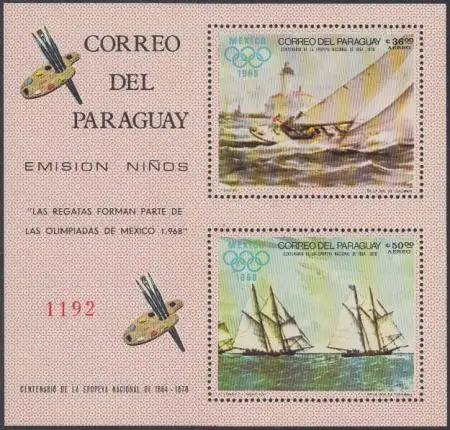 Paraguay Mi.Nr. Block 113 Olympia 1968 Mexiko Gemälde Segler v.Sessions+Currier 