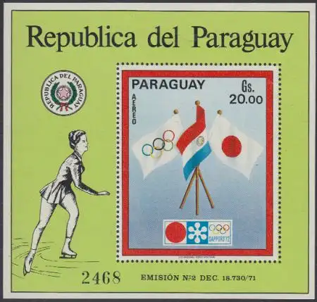 Paraguay Mi.Nr. Block 178 Olympia 1972 Sapporo, Flaggen 