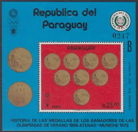 Paraguay Mi.Nr. Block 196 Goldmedaillen der Olympischen Spiele 1936-1972 