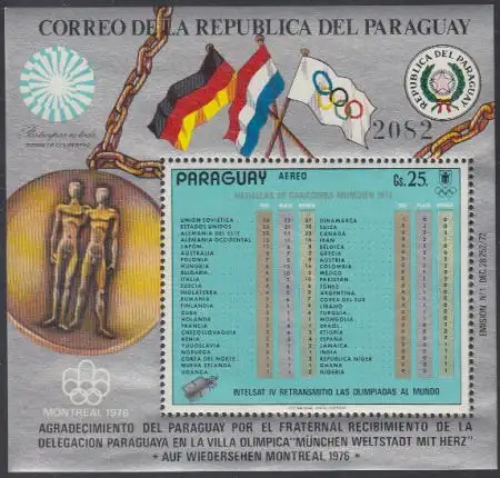 Paraguay Mi.Nr. Block 199 Olympia 1972 München, Medaillenspiegel, Satellit 