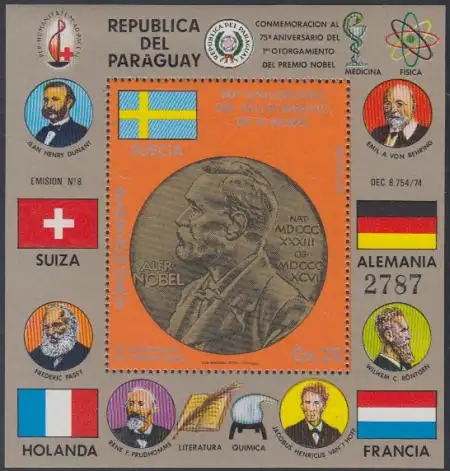 Paraguay Mi.Nr. Block 297 80.Todestag Alfred Nobel, 75 J. Nobelpreisverleihung