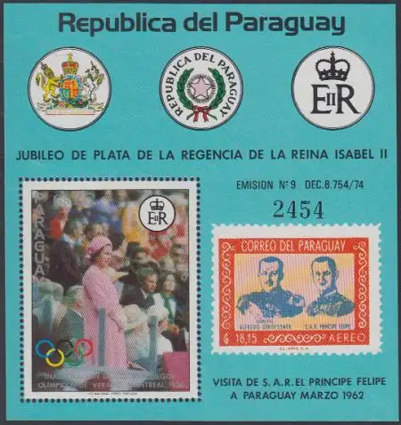 Paraguay Mi.Nr. Block 303 Königin Elisabeth II eröffnet Olympia 1976 Montreal 