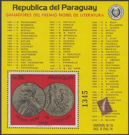 Paraguay Mi.Nr. Block 306 Nobelpreismedaille für Literatur 