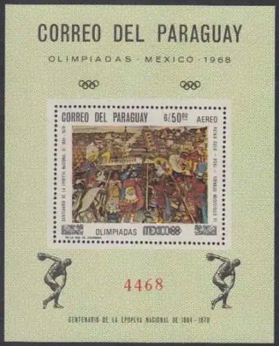 Paraguay Mi.Nr. Block 107 Olympia 1968 Mexiko, Gemälde Die Kultur der Totonaken 