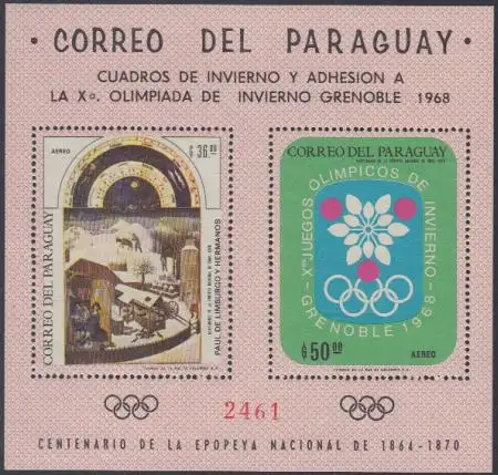 Paraguay Mi.Nr. Block 111 Olympia 1968 Grenoble, Gemälde Winderlandschaft 