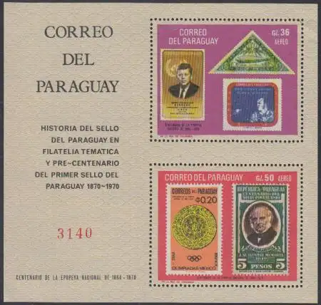 Paraguay Mi.Nr. Block 112 100Jahre Briefmarken, u.a. Kennedy, Zeppelin 