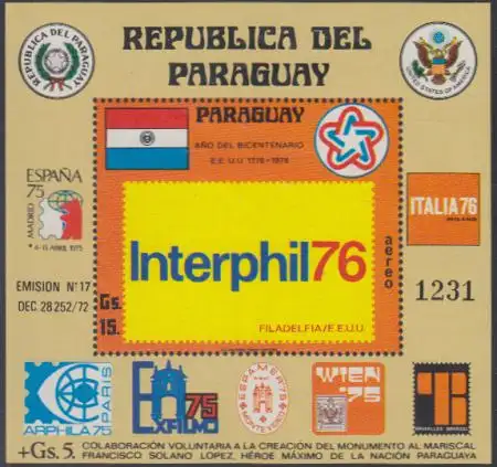 Paraguay Mi.Nr. Block 275 Briefmarkenausstellung INTERPHIL '76 